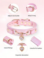 NEW 1Pc PU Leather Delicate Pet Dog Collar,High-Quality Leather Fabric And Alloy Fittings.Beautiful Gemstone Decoration.