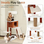 Premium 50in Modern Cat Tree with Solid Wood Frame - Multi-Level Activity Center for 3-5 Small to Medium Cats, Featuring Paper Rope Scratching Posts, Plush Top Perch, Enclosed Condo & Hanging Toy