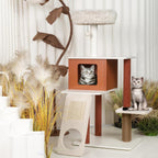 Premium 50in Modern Cat Tree with Solid Wood Frame - Multi-Level Activity Center for 3-5 Small to Medium Cats, Featuring Paper Rope Scratching Posts, Plush Top Perch, Enclosed Condo & Hanging Toy
