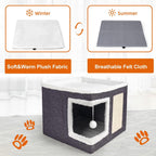Cat Houses for Indoor Cats - Large Cat Bed Cave with Scratch Pad and Fluffy Ball, Foldable Cat Condo Hideaway with Reversible Cushion for Multi Small Pet, Dark Grey