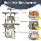 Large Multi-Level Cat Tree Tower – 68–81 Inch Tall Cat Condo with 2 Condos, 3 Plush Perches, Scratching Posts & Cat Hair Brush