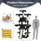 Large Multi-Level Cat Tree Tower – 68–81 Inch Tall Cat Condo with 2 Condos, 3 Plush Perches, Scratching Posts & Cat Hair Brush